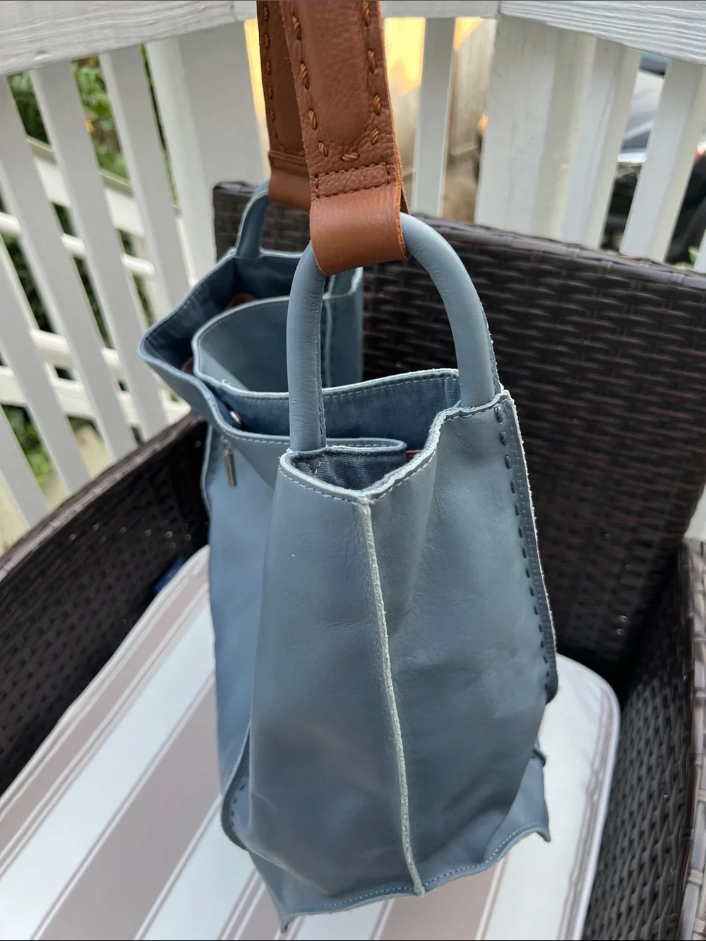 The Sak Two-Tone Blue Leather Tote with Tan Strap